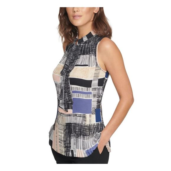 DKNY Tops - DKNY Womens Black Pleated Printed Sleeveless Tie Neck Evening Top S